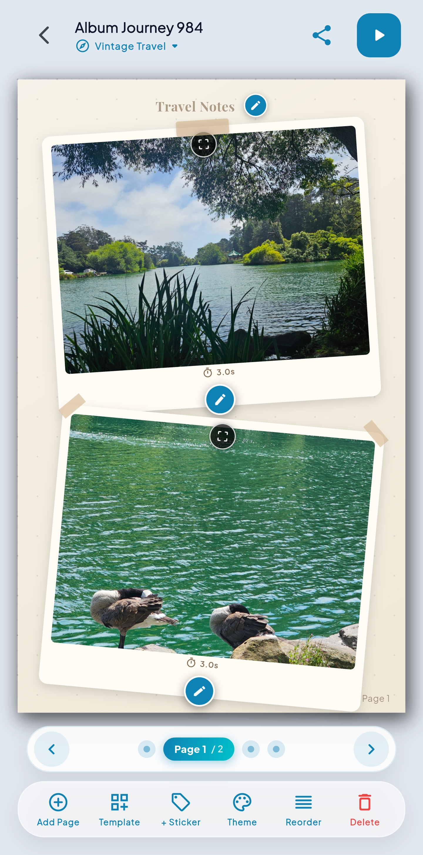 Page layout editor with photo slots and typography in JourneyLog